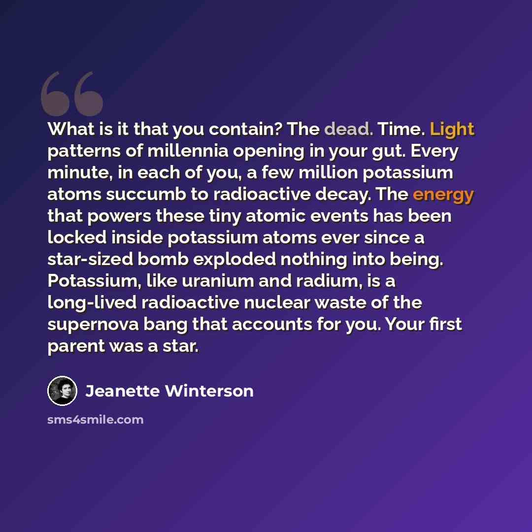 “What is it that you contain? The dead. Time. Light patterns of millennia opening in your gut. Every minute, in each of you, a few million potassium atoms succumb to radioactive decay. The energy that powers these tiny atomic events has been locked inside potassium atoms ever since a star-sized…” quote by Jeanette Winterson