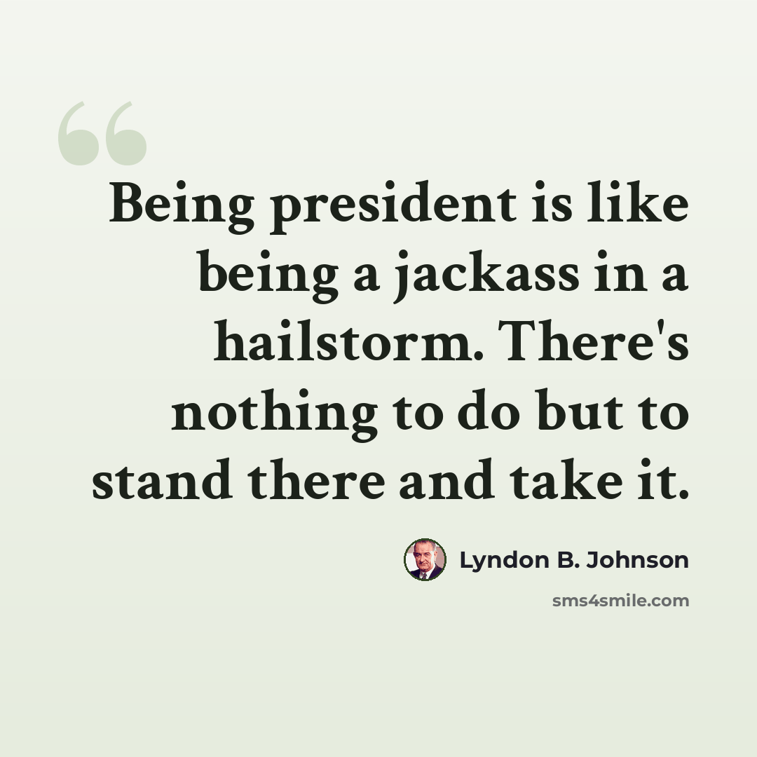 “Being president is like being a jackass in a hailstorm. There's nothing to do but to stand there and take it.” quote by Lyndon B. Johnson