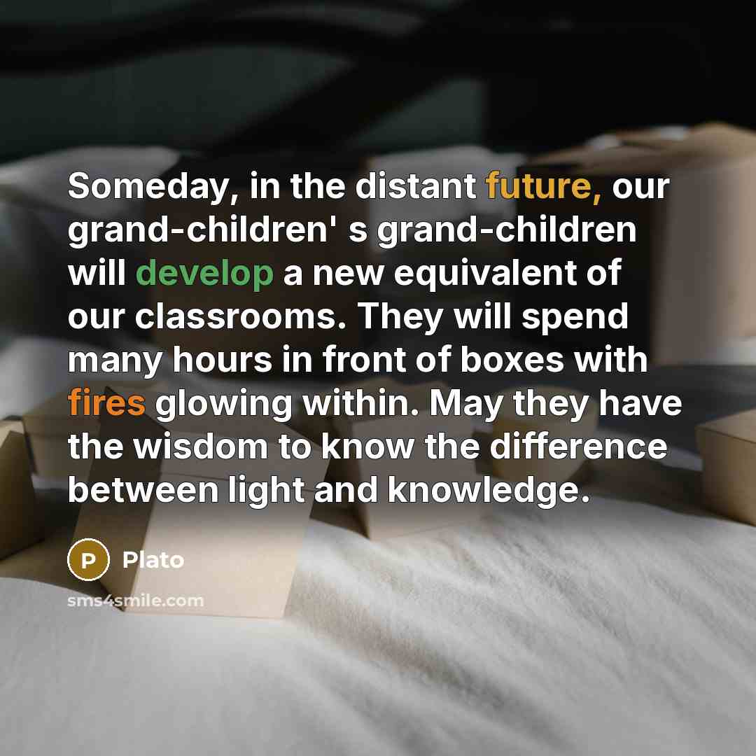“Someday, in the distant future, our grand-children' s grand-children will develop a new equivalent of our classrooms. They will spend many hours in front of boxes with fires glowing within. May they have the wisdom to know the difference between light and knowledge.” quote by Plato