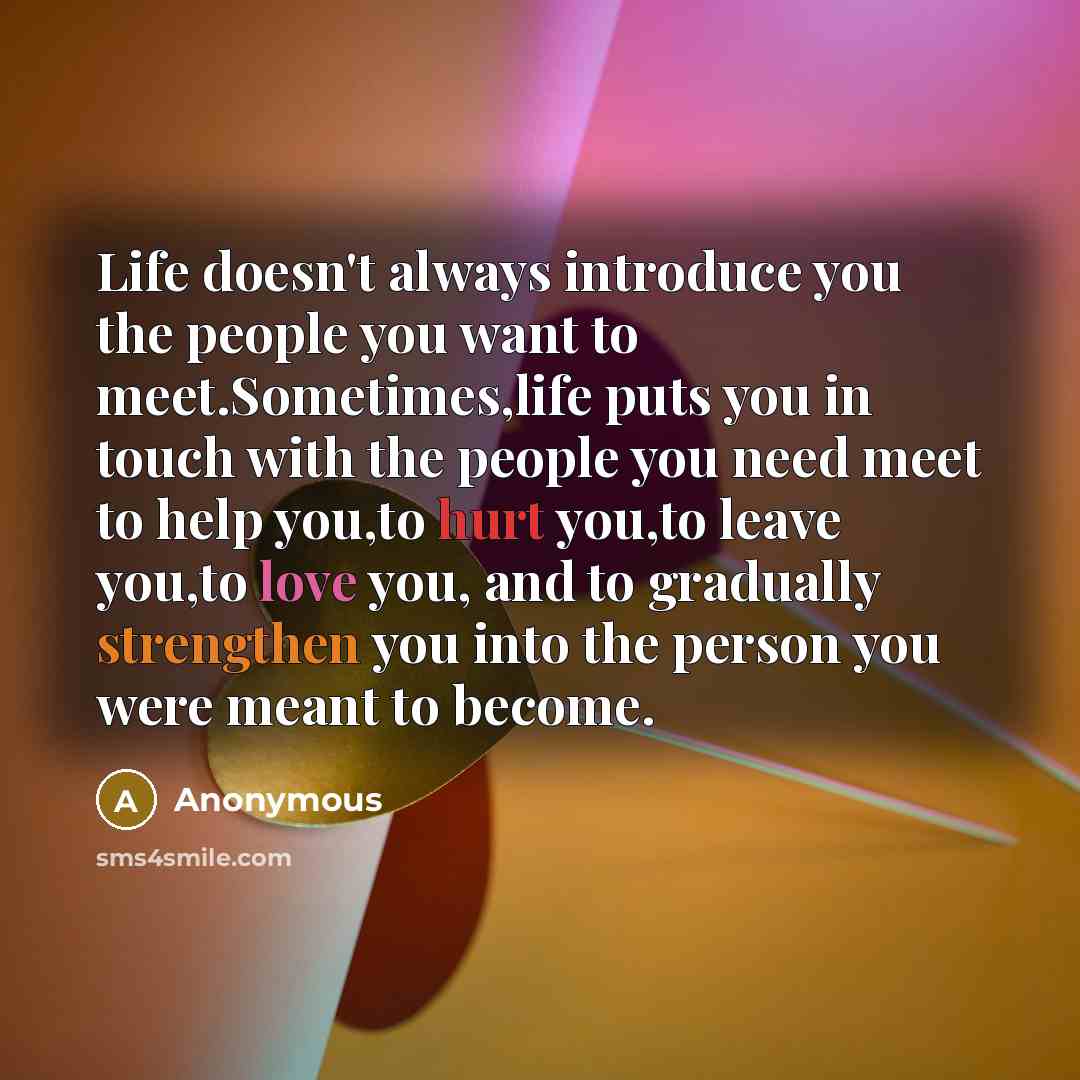 “Life doesn't always introduce you the people you want to meet.Sometimes,life puts you in touch with the people you need meet to help you,to hurt you,to leave you,to love you, and to gradually strengthen you into the person you were meant to become.” quote by Anonymous