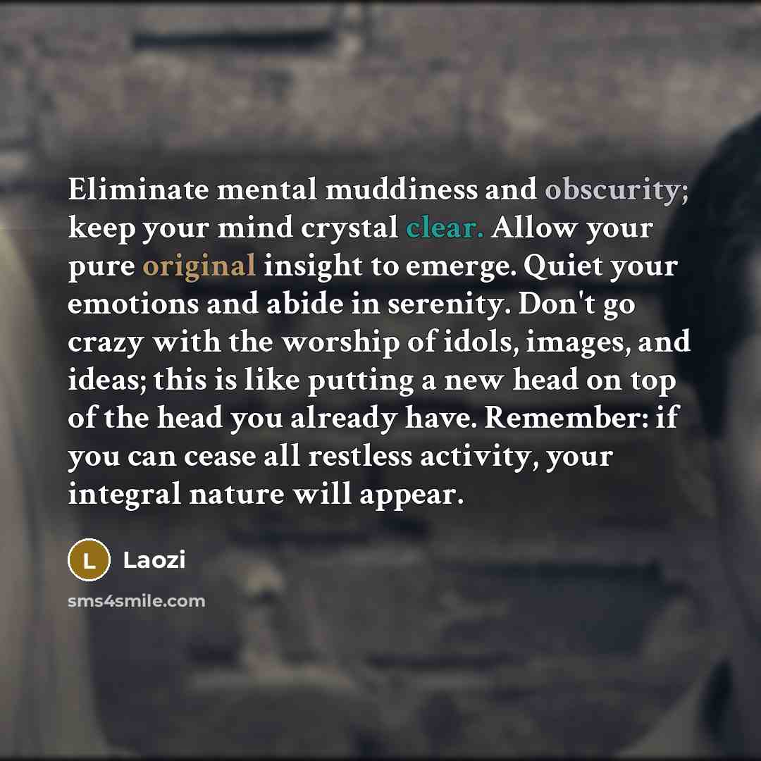 “Eliminate mental muddiness and obscurity; keep your mind crystal clear. Allow your pure original insight to emerge. Quiet your emotions and abide in serenity. Don't go crazy with the worship of idols, images, and ideas; this is like putting a new head on top of the head you already have. Remember…” quote by Laozi
