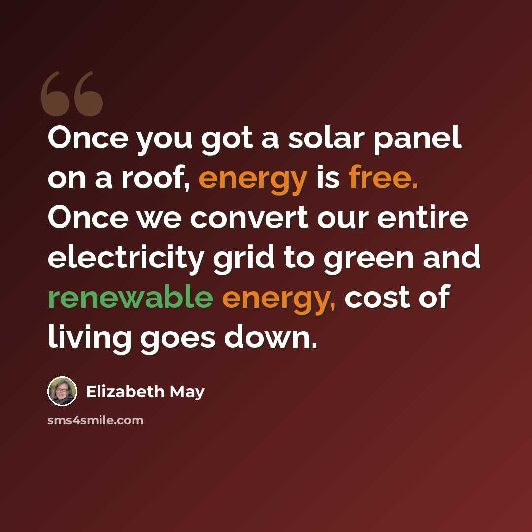 “Once you got a solar panel on a roof, energy is free. Once we convert our entire electricity grid to green and renewable energy, cost of living goes down.” quote by Elizabeth May