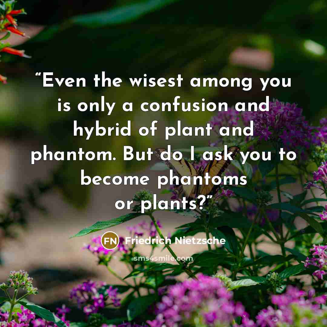 “Even the wisest among you is only a confusion and hybrid of plant and phantom. But do I ask you to become phantoms or plants?” quote by Friedrich Nietzsche