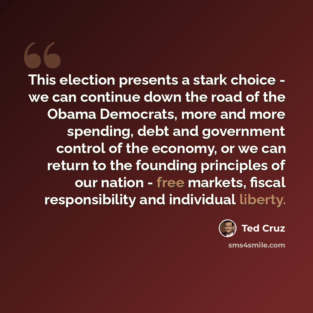 “This election presents a stark choice - we can continue down the road of the Obama Democrats, more and more spending, debt and government control of the economy, or we can return to the founding principles of our nation - free markets, fiscal responsibility and individual liberty.” quote by Ted Cruz