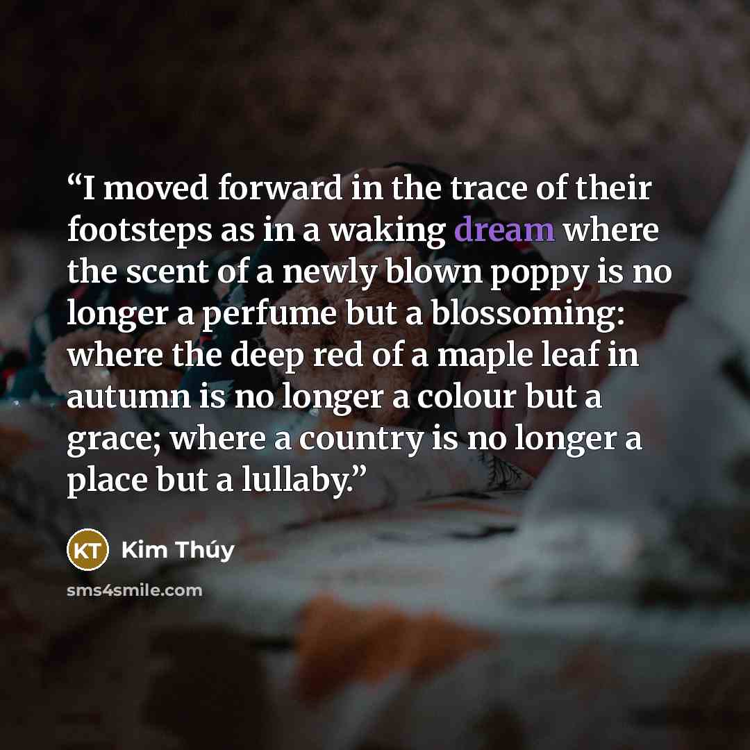 “I moved forward in the trace of their footsteps as in a waking dream where the scent of a newly blown poppy is no longer a perfume but a blossoming: where the deep red of a maple leaf in autumn is no longer a colour but a grace; where a country is no longer a place but a lullaby.” quote by Kim Thúy