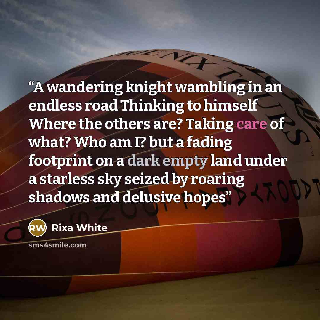 “A wandering knight wambling in an endless road Thinking to himself Where the others are? Taking care of what? Who am I? but a fading footprint on a dark empty land under a starless sky seized by roaring shadows and delusive hopes” quote by Rixa White