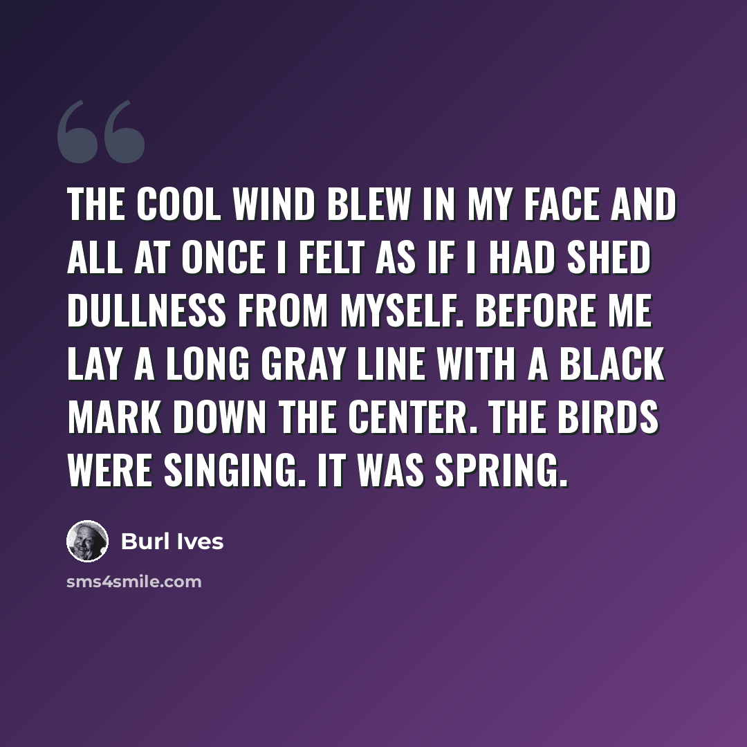“The cool wind blew in my face and all at once I felt as if I had shed dullness from myself. Before me lay a long gray line with a black mark down the center. The birds were singing. It was spring.” quote by Burl Ives