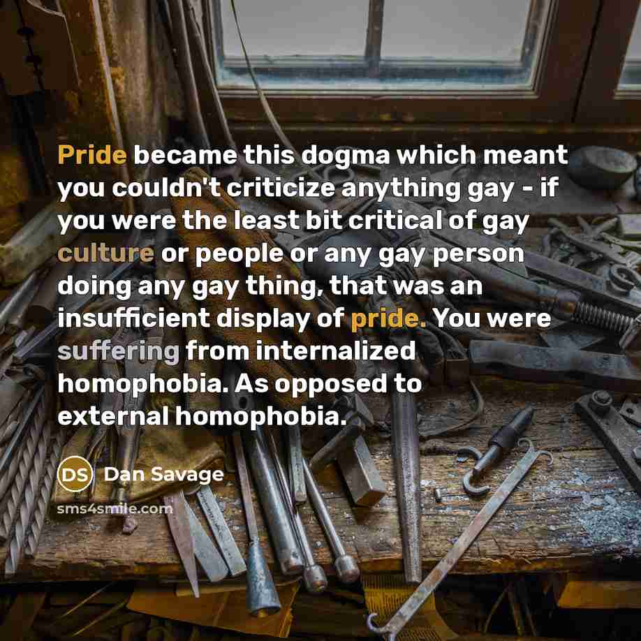“Pride became this dogma which meant you couldn't criticize anything gay - if you were the least bit critical of gay culture or people or any gay person doing any gay thing, that was an insufficient display of pride. You were suffering from internalized homophobia. As opposed to external homophobia.” quote by Dan Savage