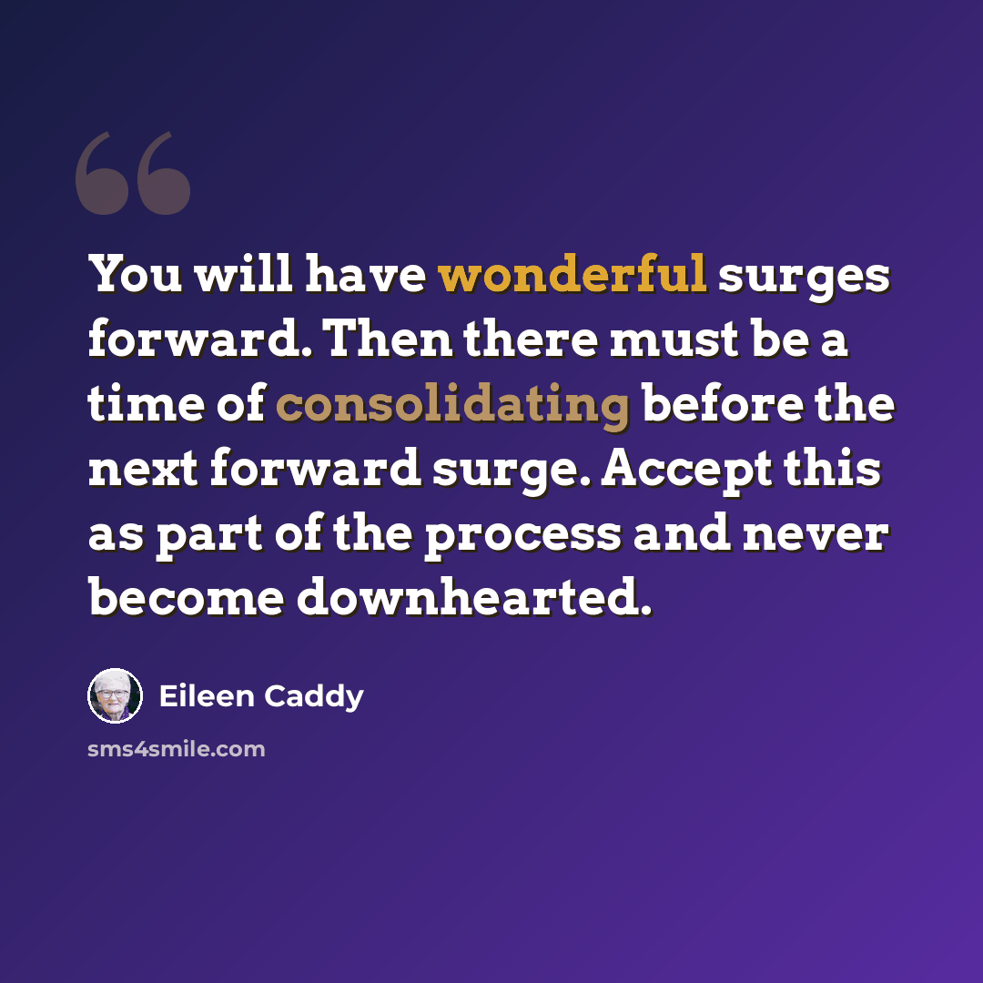 “You will have wonderful surges forward. Then there must be a time of consolidating before the next forward surge. Accept this as part of the process and never become downhearted.” quote by Eileen Caddy