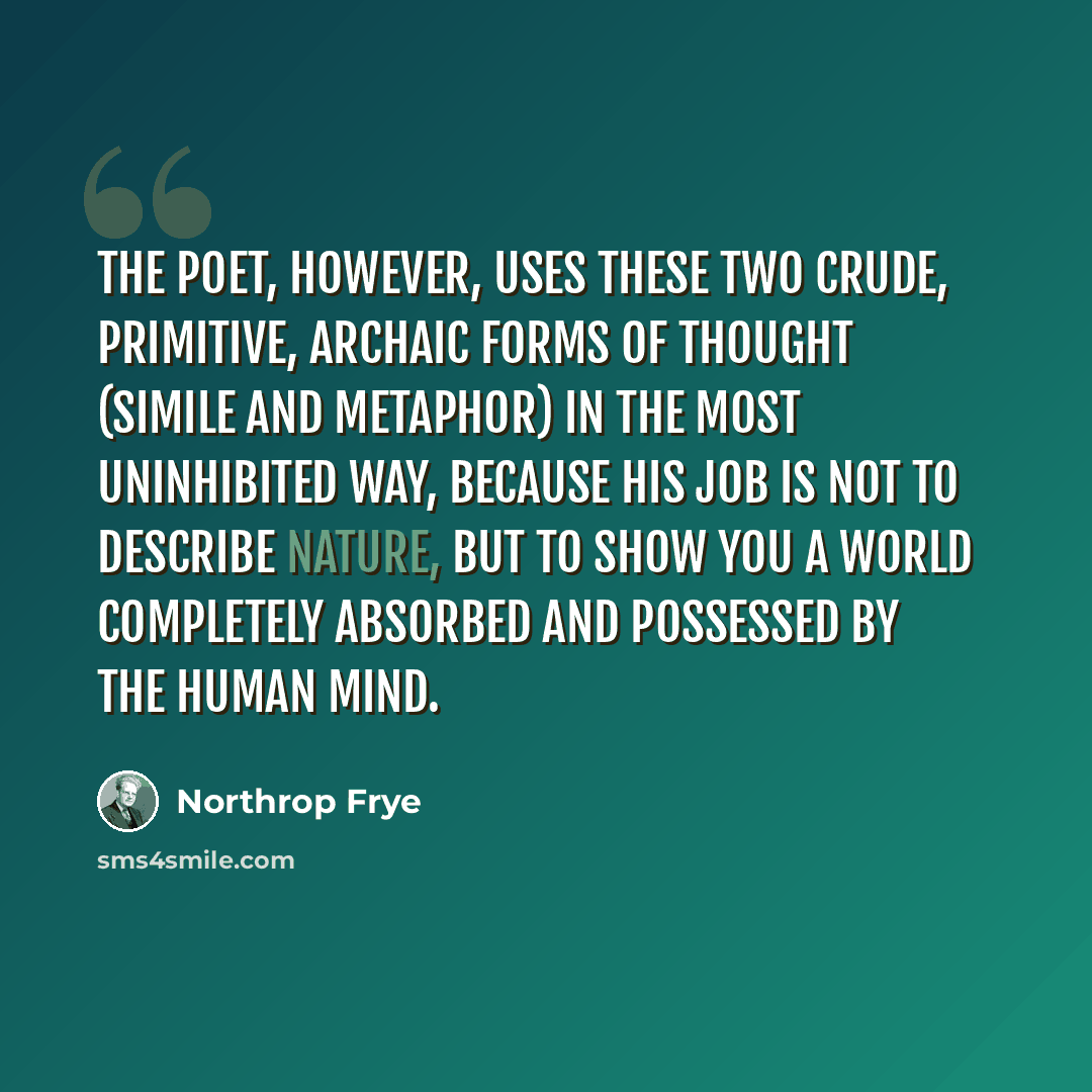 “The poet, however, uses these two crude, primitive, archaic forms of thought (simile and metaphor) in the most uninhibited way, because his job is not to describe nature, but to show you a world completely absorbed and possessed by the human mind.” quote by Northrop Frye