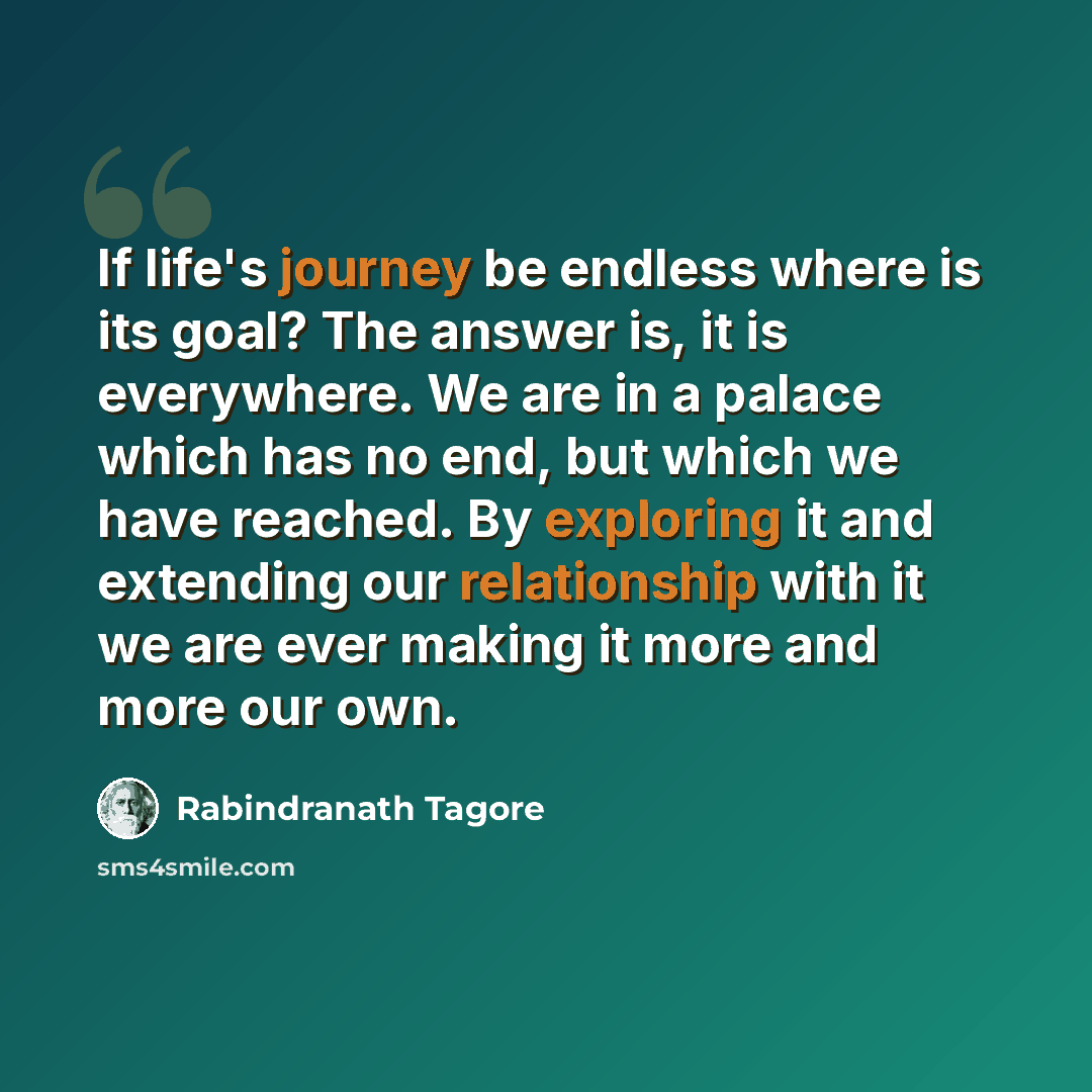 “If life's journey be endless where is its goal? The answer is, it is everywhere. We are in a palace which has no end, but which we have reached. By exploring it and extending our relationship with it we are ever making it more and more our own.” quote by Rabindranath Tagore