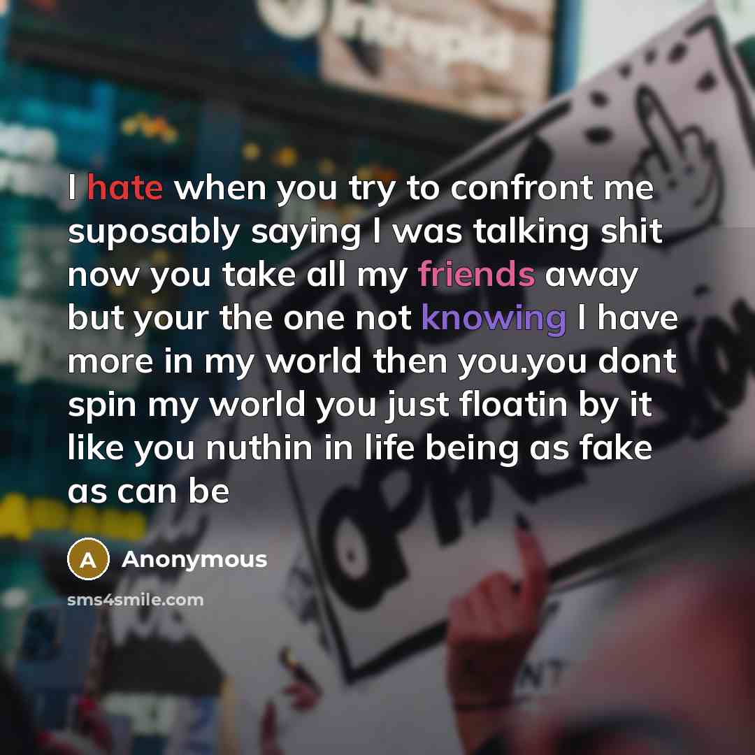 “I hate when you try to confront me suposably saying I was talking shit now you take all my friends away but your the one not knowing I have more in my world then you.you dont spin my world you just floatin by it like you nuthin in life being as fake as can be” quote by Anonymous