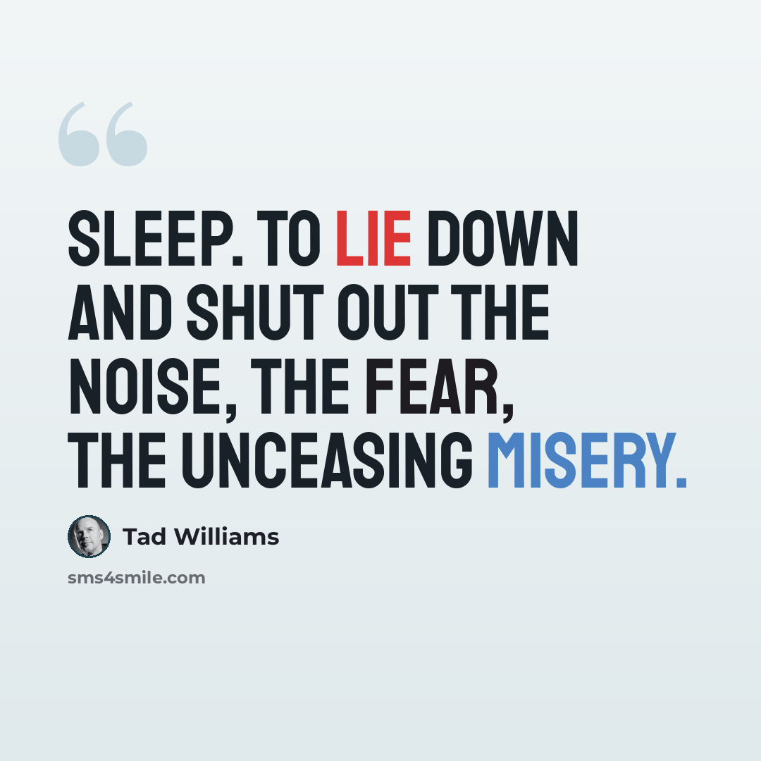 “Sleep. To lie down and shut out the noise, the fear, the unceasing misery.” quote by Tad Williams