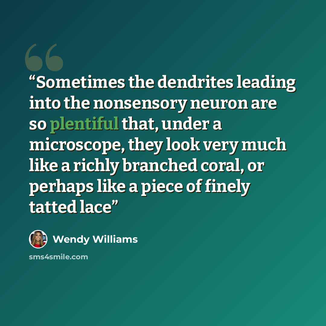 “Sometimes the dendrites leading into the nonsensory neuron are so plentiful that, under a microscope, they look very much like a richly branched coral, or perhaps like a piece of finely tatted lace” quote by Wendy Williams
