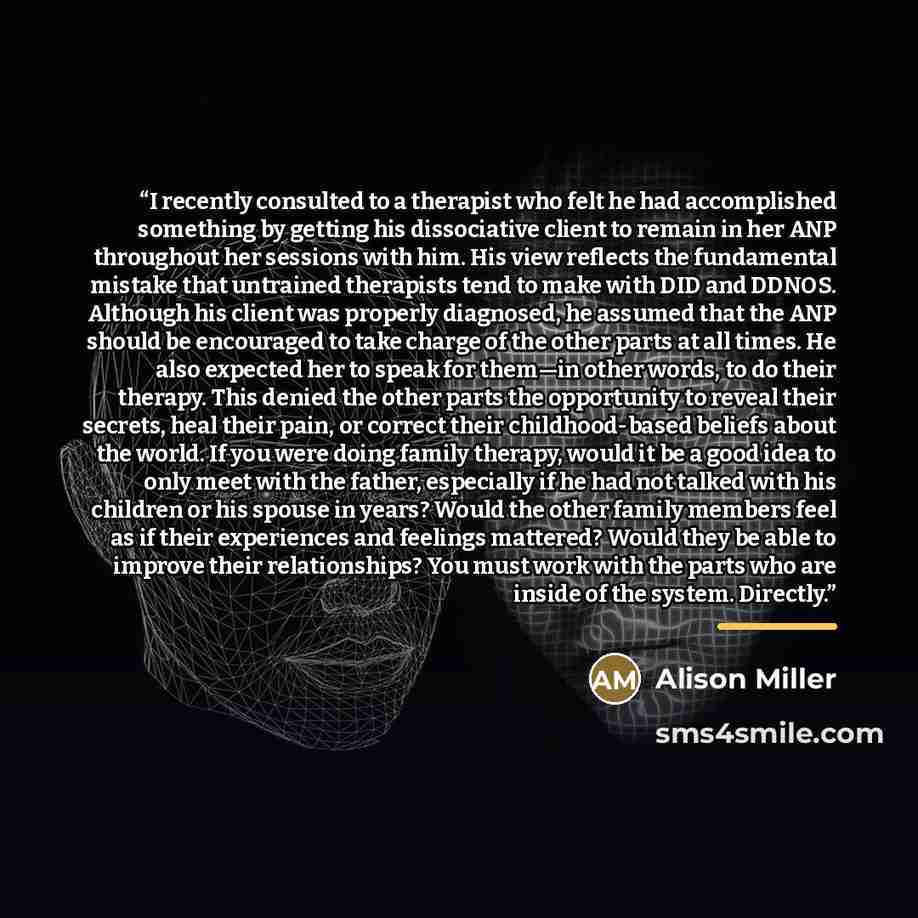 “I recently consulted to a therapist who felt he had accomplished something by getting his dissociative client to remain in her ANP throughout her sessions with him. His view reflects the fundamental mistake that untrained therapists tend to make with DID and DDNOS. Although his client was properly…” quote by Alison Miller