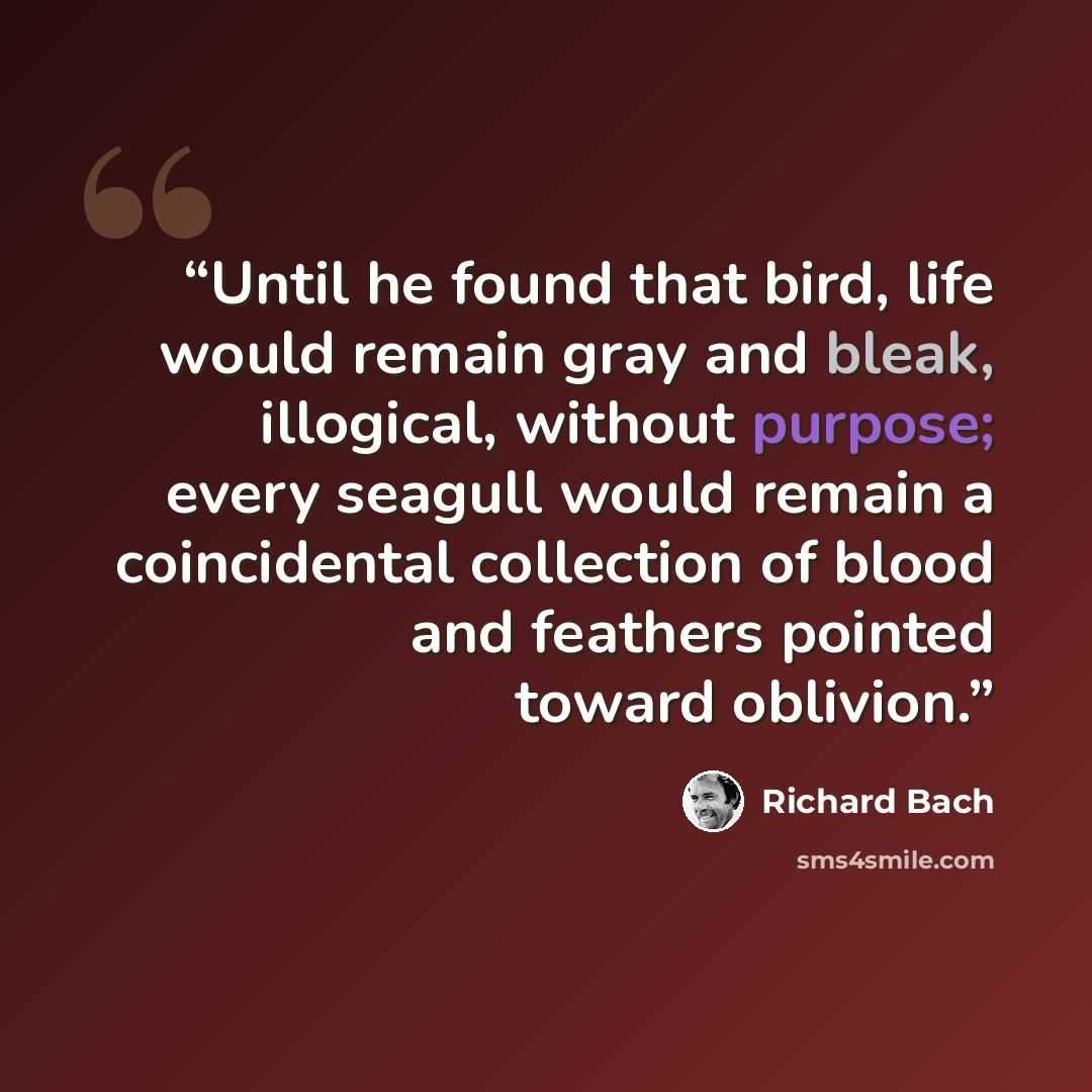“Until he found that bird, life would remain gray and bleak, illogical, without purpose; every seagull would remain a coincidental collection of blood and feathers pointed toward oblivion.” quote by Richard Bach
