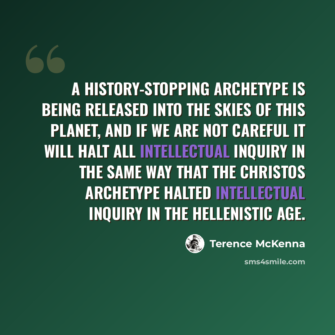“A history-stopping archetype is being released into the skies of this planet, and if we are not careful it will halt all intellectual inquiry in the same way that the Christos archetype halted intellectual inquiry in the Hellenistic Age.” quote by Terence McKenna