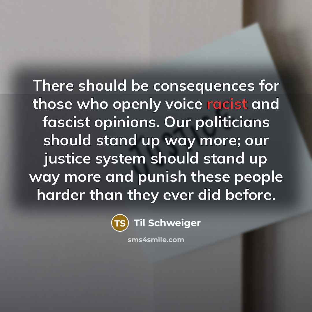 “There should be consequences for those who openly voice racist and fascist opinions. Our politicians should stand up way more; our justice system should stand up way more and punish these people harder than they ever did before.” quote by Til Schweiger