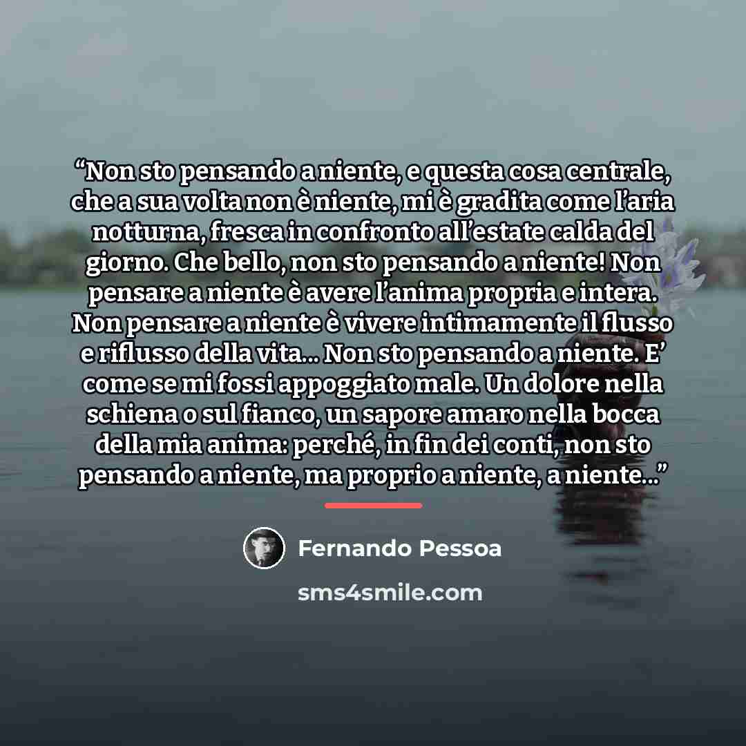 “Non sto pensando a niente, e questa cosa centrale, che a sua volta non è niente, mi è gradita come l’aria notturna, fresca in confronto all’estate calda del giorno. Che bello, non sto pensando a niente! Non pensare a niente è avere l’anima propria e intera. Non pensare a niente è vivere…” quote by Fernando Pessoa