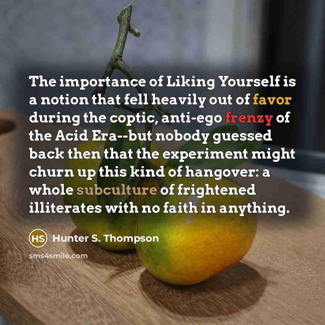 “The importance of Liking Yourself is a notion that fell heavily out of favor during the coptic, anti-ego frenzy of the Acid Era--but nobody guessed back then that the experiment might churn up this kind of hangover: a whole subculture of frightened illiterates with no faith in anything.” quote by Hunter S. Thompson