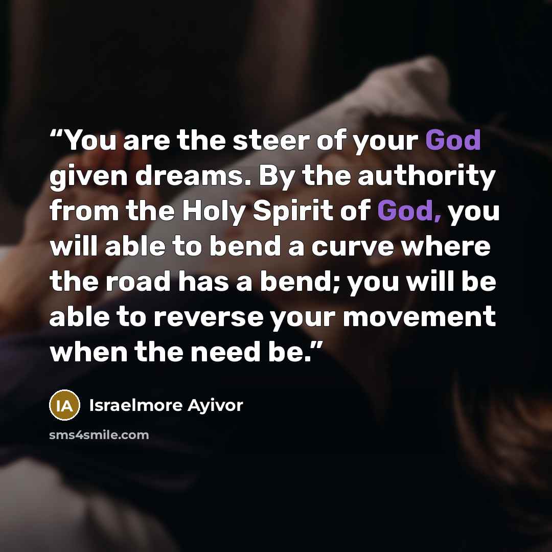 “You are the steer of your God given dreams. By the authority from the Holy Spirit of God, you will able to bend a curve where the road has a bend; you will be able to reverse your movement when the need be.” quote by Israelmore Ayivor