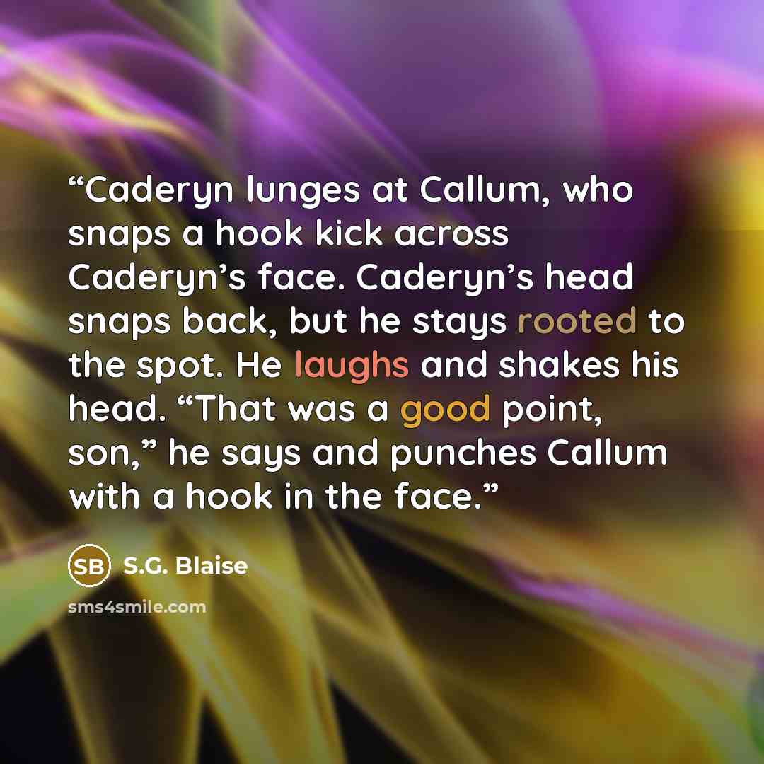 “Caderyn lunges at Callum, who snaps a hook kick across Caderyn’s face. Caderyn’s head snaps back, but he stays rooted to the spot. He laughs and shakes his head. “That was a good point, son,” he says and punches Callum with a hook in the face.” quote by S.G. Blaise
