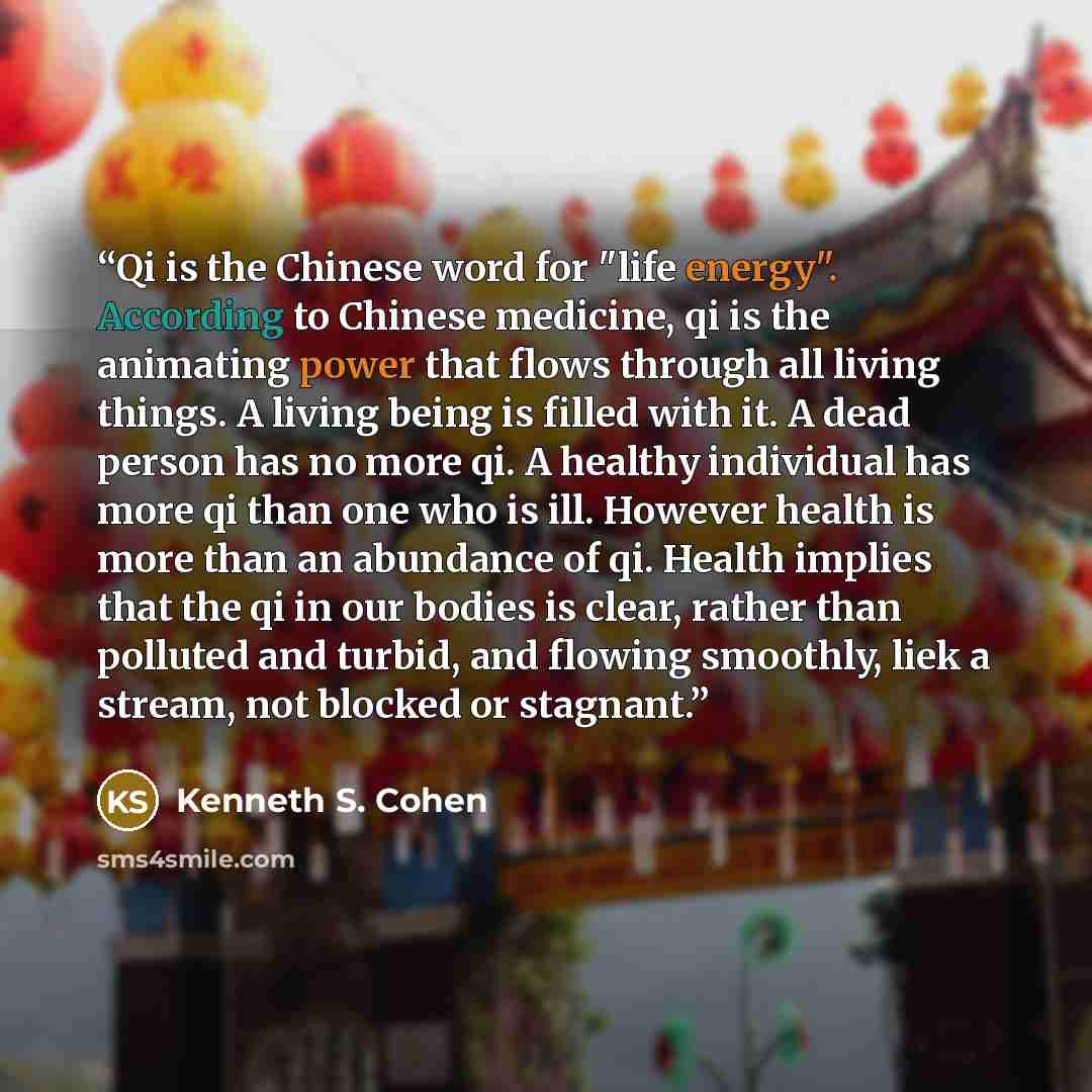 “Qi is the Chinese word for "life energy". According to Chinese medicine, qi is the animating power that flows through all living things. A living being is filled with it. A dead person has no more qi. A healthy individual has more qi than one who is ill. However health is more than an abundance of…” quote by Kenneth S. Cohen