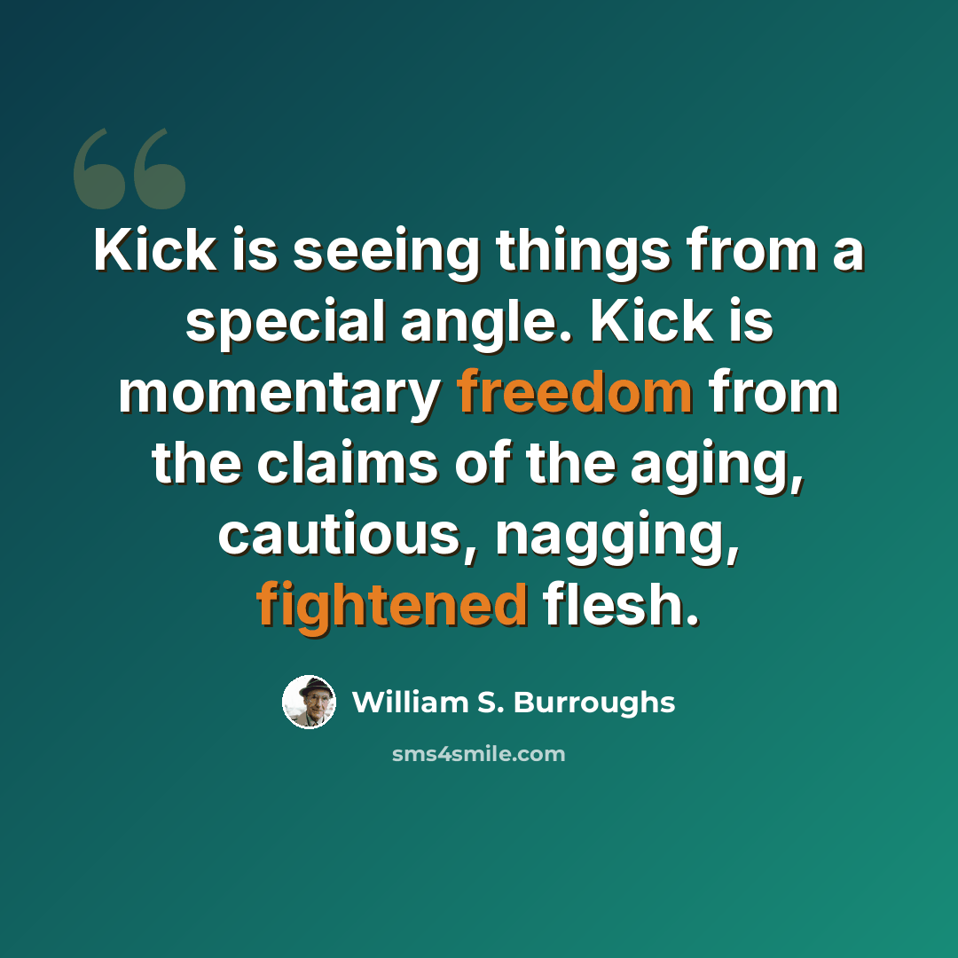 “Kick is seeing things from a special angle. Kick is momentary freedom from the claims of the aging, cautious, nagging, fightened flesh.” quote by William S. Burroughs