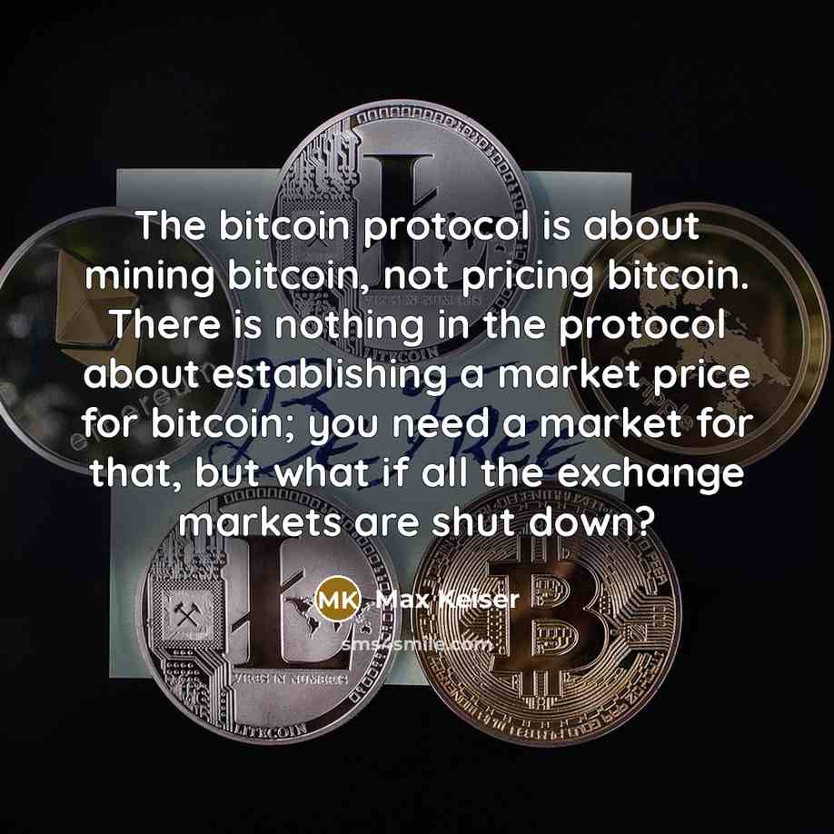 “The bitcoin protocol is about mining bitcoin, not pricing bitcoin. There is nothing in the protocol about establishing a market price for bitcoin; you need a market for that, but what if all the exchange markets are shut down?” quote by Max Keiser