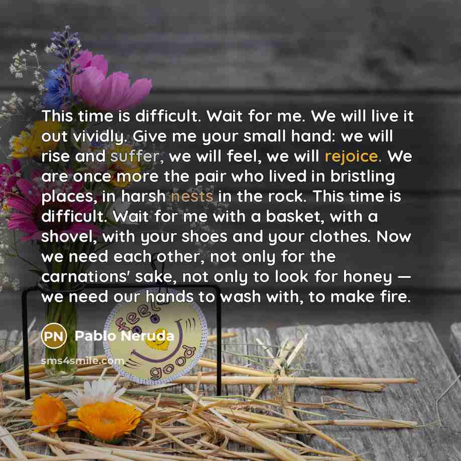 “This time is difficult. Wait for me. We will live it out vividly. Give me your small hand: we will rise and suffer, we will feel, we will rejoice. We are once more the pair who lived in bristling places, in harsh nests in the rock. This time is difficult. Wait for me with a basket, with a shovel…” quote by Pablo Neruda
