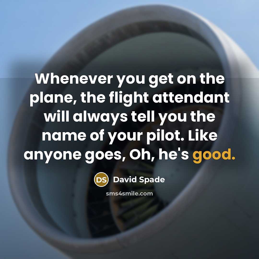 “Whenever you get on the plane, the flight attendant will always tell you the name of your pilot. Like anyone goes, Oh, he's good.” quote by David Spade