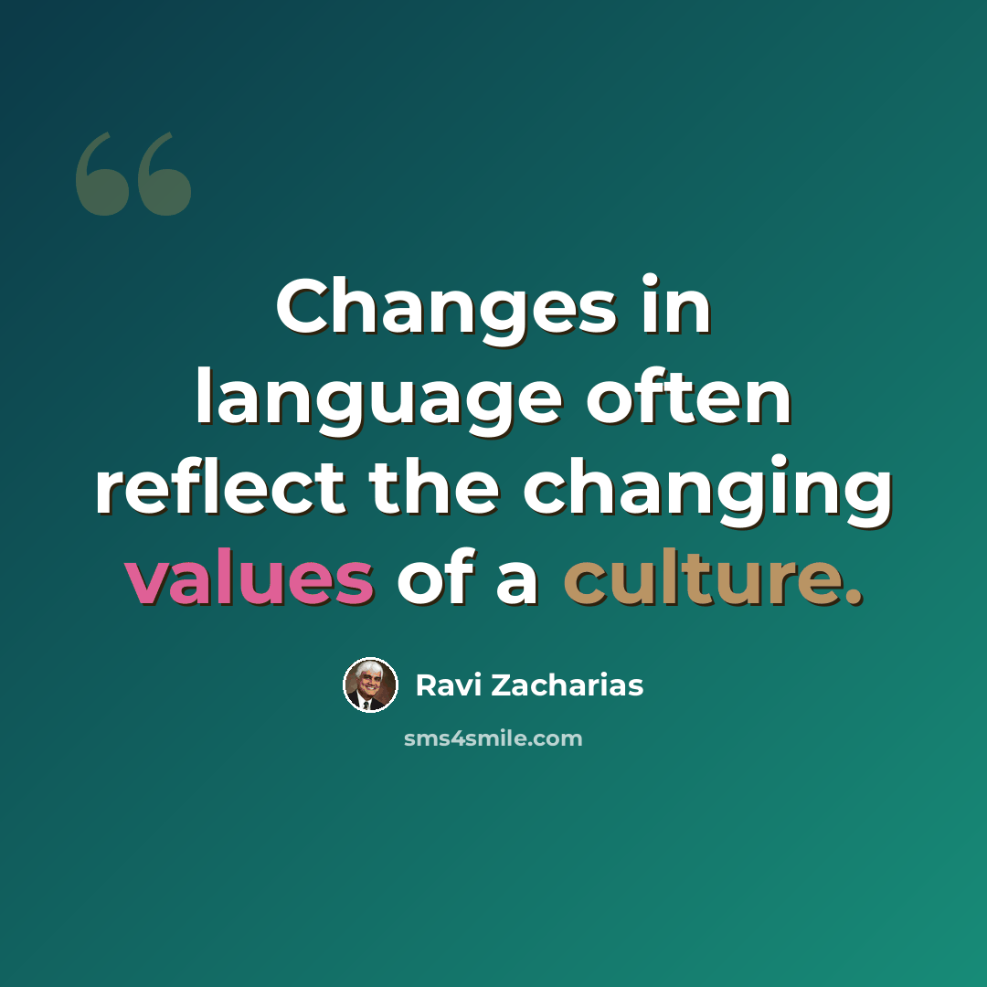 “Changes in language often reflect the changing values of a culture.” quote by Ravi Zacharias