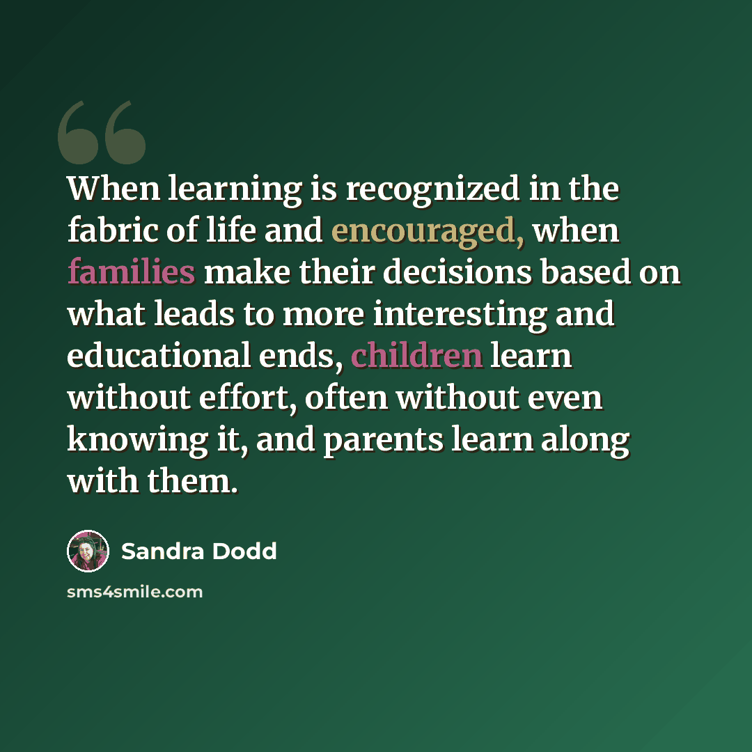 “When learning is recognized in the fabric of life and encouraged, when families make their decisions based on what leads to more interesting and educational ends, children learn without effort, often without even knowing it, and parents learn along with them.” quote by Sandra Dodd