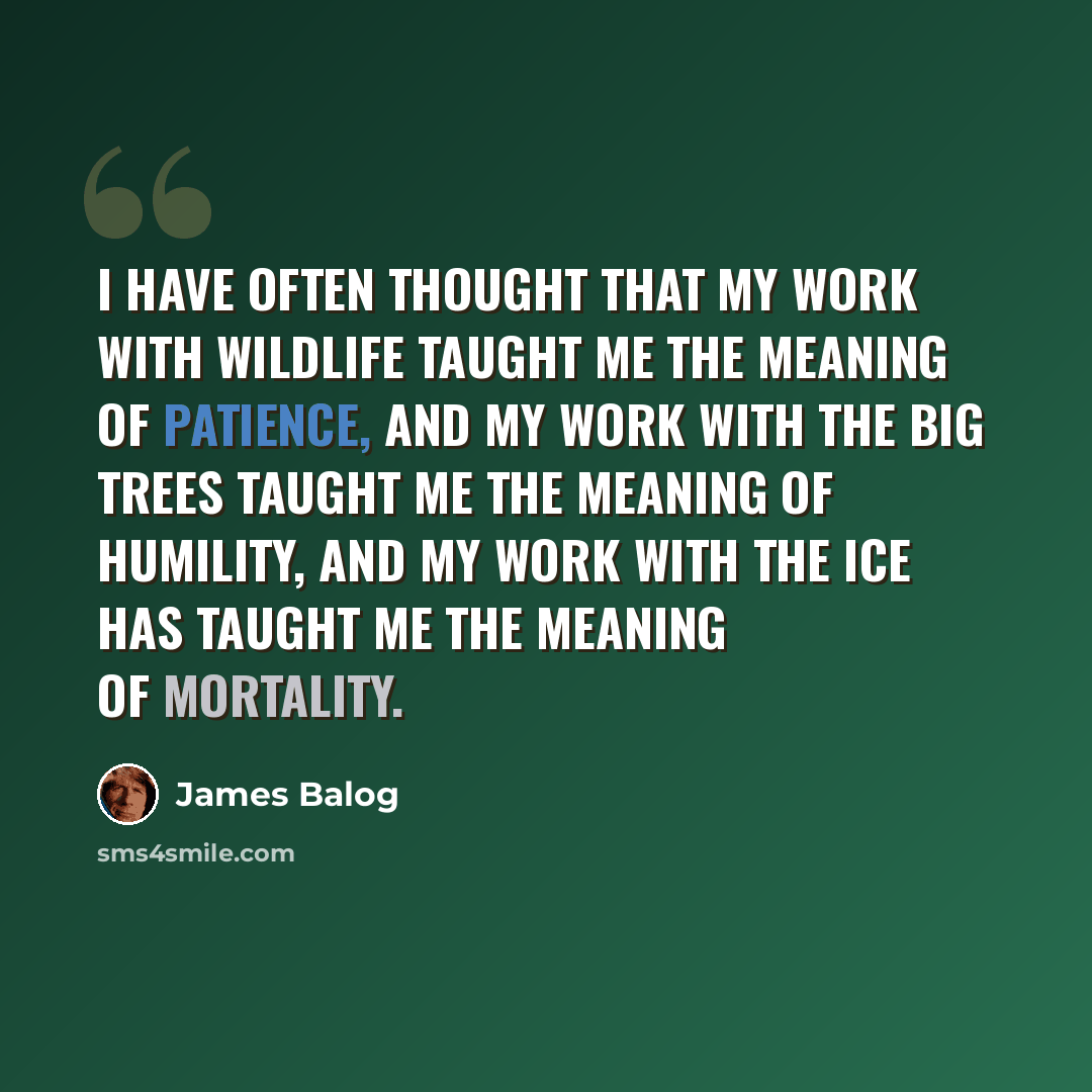 “I have often thought that my work with wildlife taught me the meaning of patience, and my work with the big trees taught me the meaning of humility, and my work with the ice has taught me the meaning of mortality.” quote by James Balog