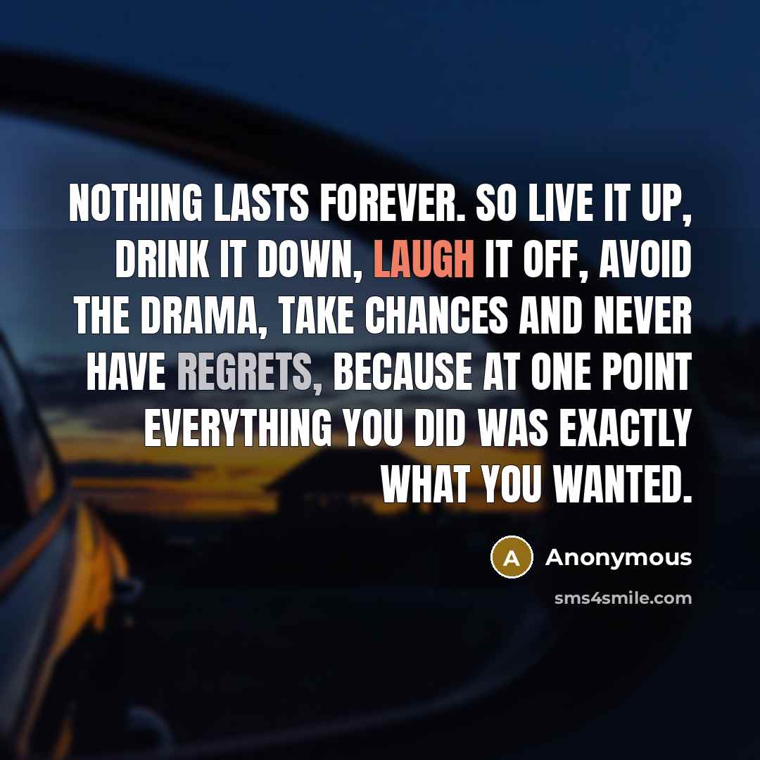“Nothing lasts forever. So live it up, drink it down, laugh it off, avoid the drama, take chances and never have regrets, because at one point everything you did was exactly what you wanted.” quote by Anonymous
