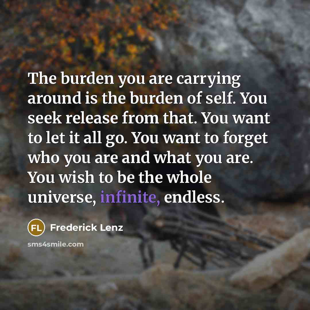 “The burden you are carrying around is the burden of self. You seek release from that. You want to let it all go. You want to forget who you are and what you are. You wish to be the whole universe, infinite, endless.” quote by Frederick Lenz