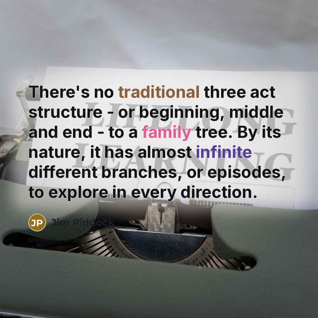 “There's no traditional three act structure - or beginning, middle and end - to a family tree. By its nature, it has almost infinite different branches, or episodes, to explore in every direction.” quote by Jim Piddock