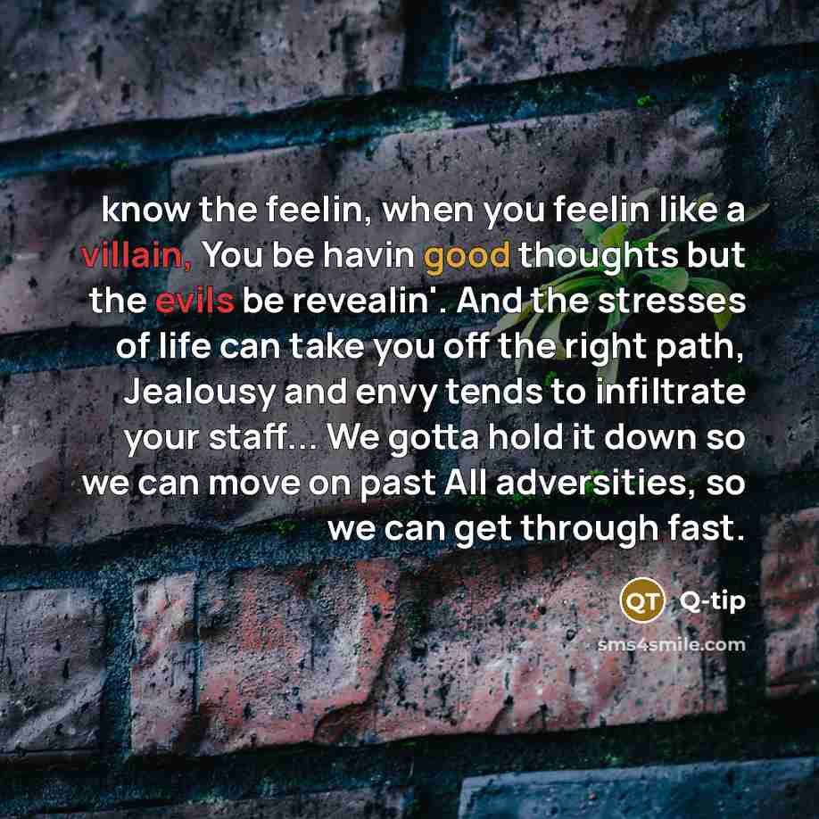 “know the feelin, when you feelin like a villain, You be havin good thoughts but the evils be revealin'. And the stresses of life can take you off the right path, Jealousy and envy tends to infiltrate your staff... We gotta hold it down so we can move on past All adversities, so we can get through…” quote by Q-Tip