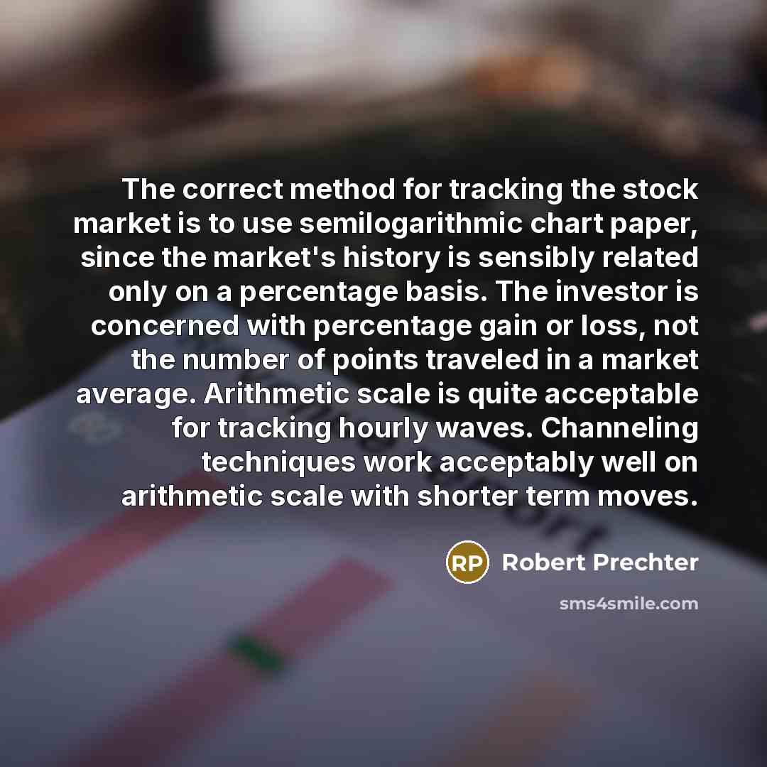 “The correct method for tracking the stock market is to use semilogarithmic chart paper, since the market's history is sensibly related only on a percentage basis. The investor is concerned with percentage gain or loss, not the number of points traveled in a market average. Arithmetic scale is…” quote by Robert Prechter