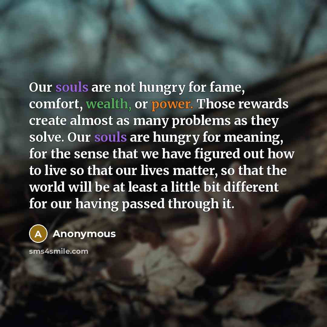 “Our souls are not hungry for fame, comfort, wealth, or power. Those rewards create almost as many problems as they solve. Our souls are hungry for meaning, for the sense that we have figured out how to live so that our lives matter, so that the world will be at least a little bit different for our…” quote by Anonymous