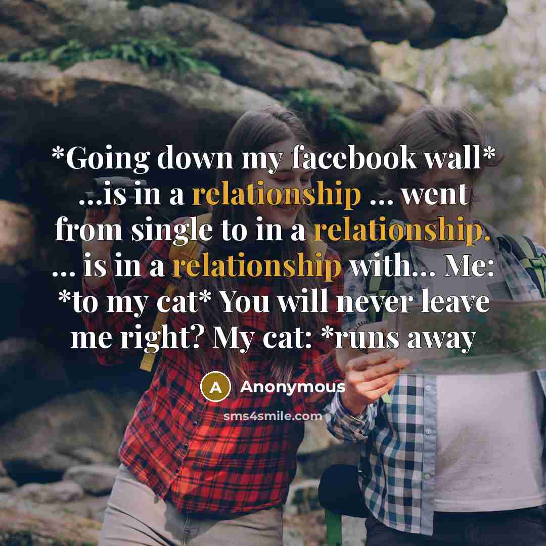 “*Going down my facebook wall* …is in a relationship … went from single to in a relationship. … is in a relationship with… Me: *to my cat* You will never leave me right? My cat: *runs away” quote by Anonymous