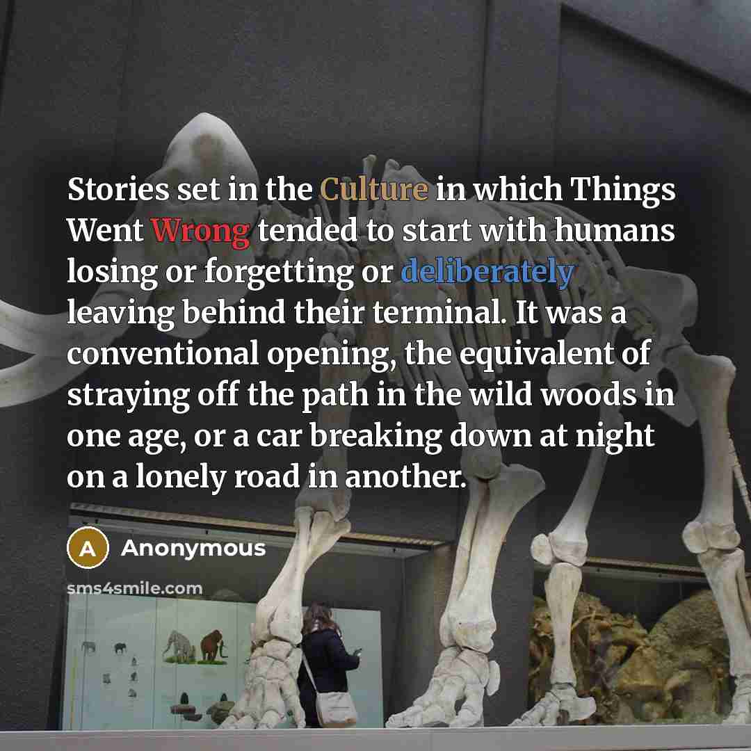 “Stories set in the Culture in which Things Went Wrong tended to start with humans losing or forgetting or deliberately leaving behind their terminal. It was a conventional opening, the equivalent of straying off the path in the wild woods in one age, or a car breaking down at night on a lonely…” quote by Anonymous