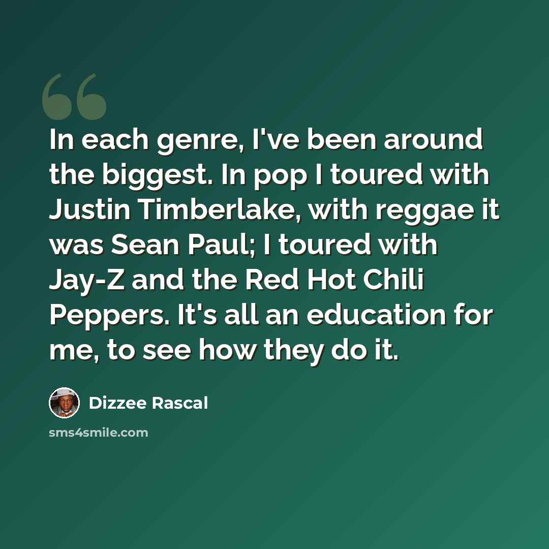 “In each genre, I've been around the biggest. In pop I toured with Justin Timberlake, with reggae it was Sean Paul; I toured with Jay-Z and the Red Hot Chili Peppers. It's all an education for me, to see how they do it.” quote by Dizzee Rascal