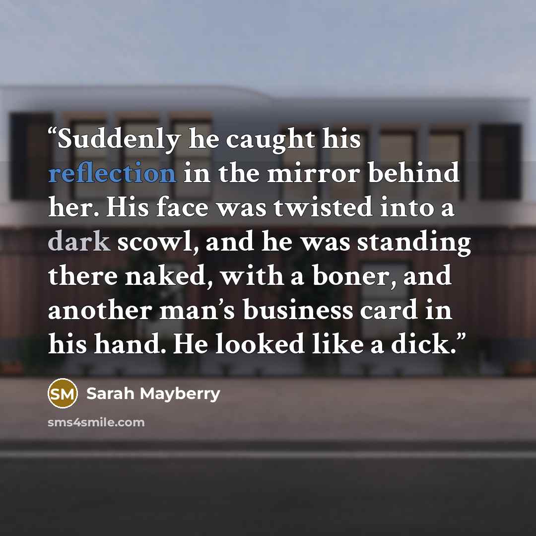 “Suddenly he caught his reflection in the mirror behind her. His face was twisted into a dark scowl, and he was standing there naked, with a boner, and another man’s business card in his hand. He looked like a dick.” quote by Sarah Mayberry