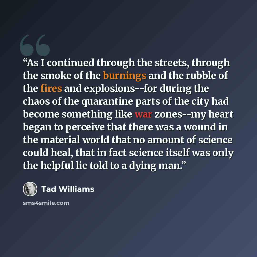 “As I continued through the streets, through the smoke of the burnings and the rubble of the fires and explosions--for during the chaos of the quarantine parts of the city had become something like war zones--my heart began to perceive that there was a wound in the material world that no amount of…” quote by Tad Williams