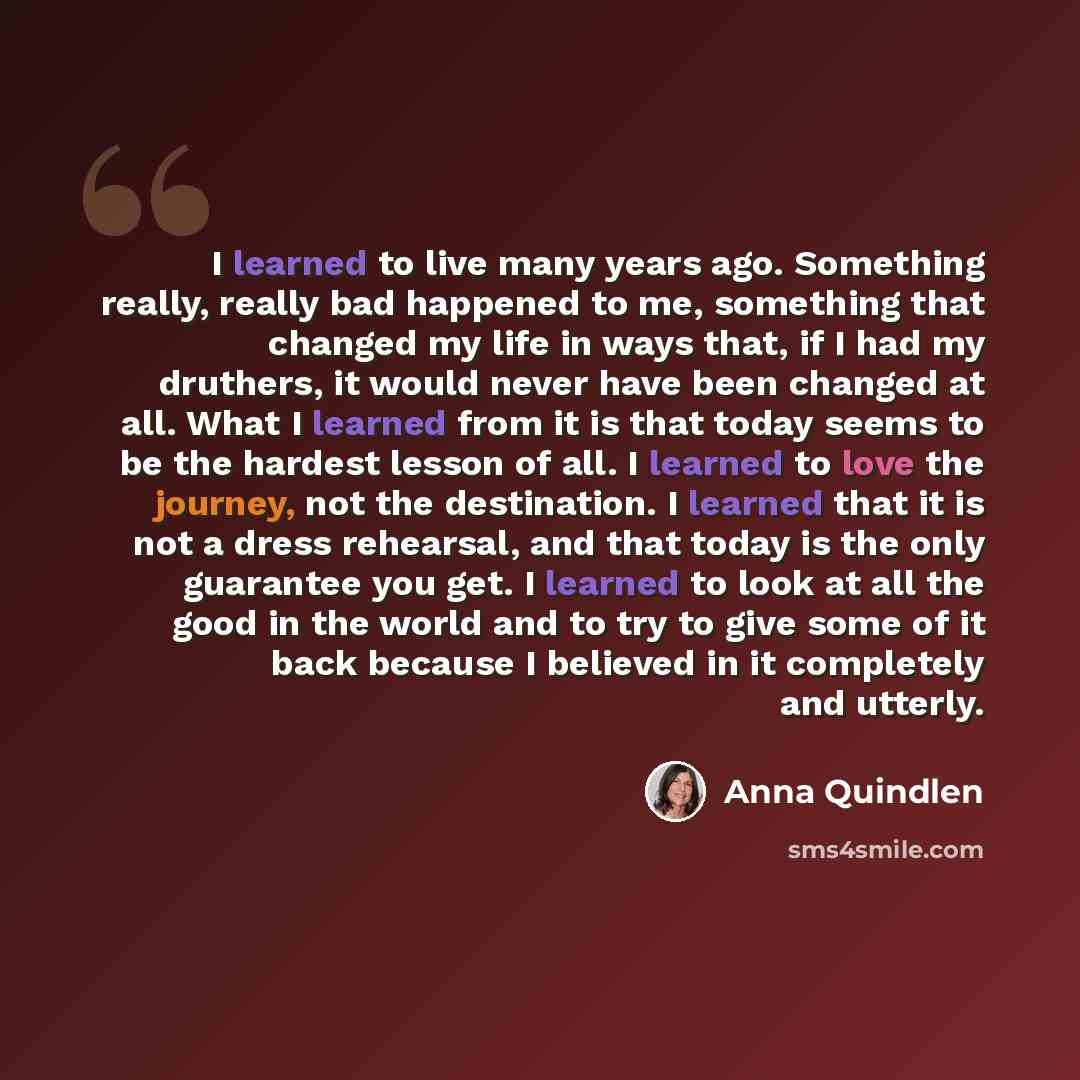 “I learned to live many years ago. Something really, really bad happened to me, something that changed my life in ways that, if I had my druthers, it would never have been changed at all. What I learned from it is that today seems to be the hardest lesson of all. I learned to love the journey, not…” quote by Anna Quindlen