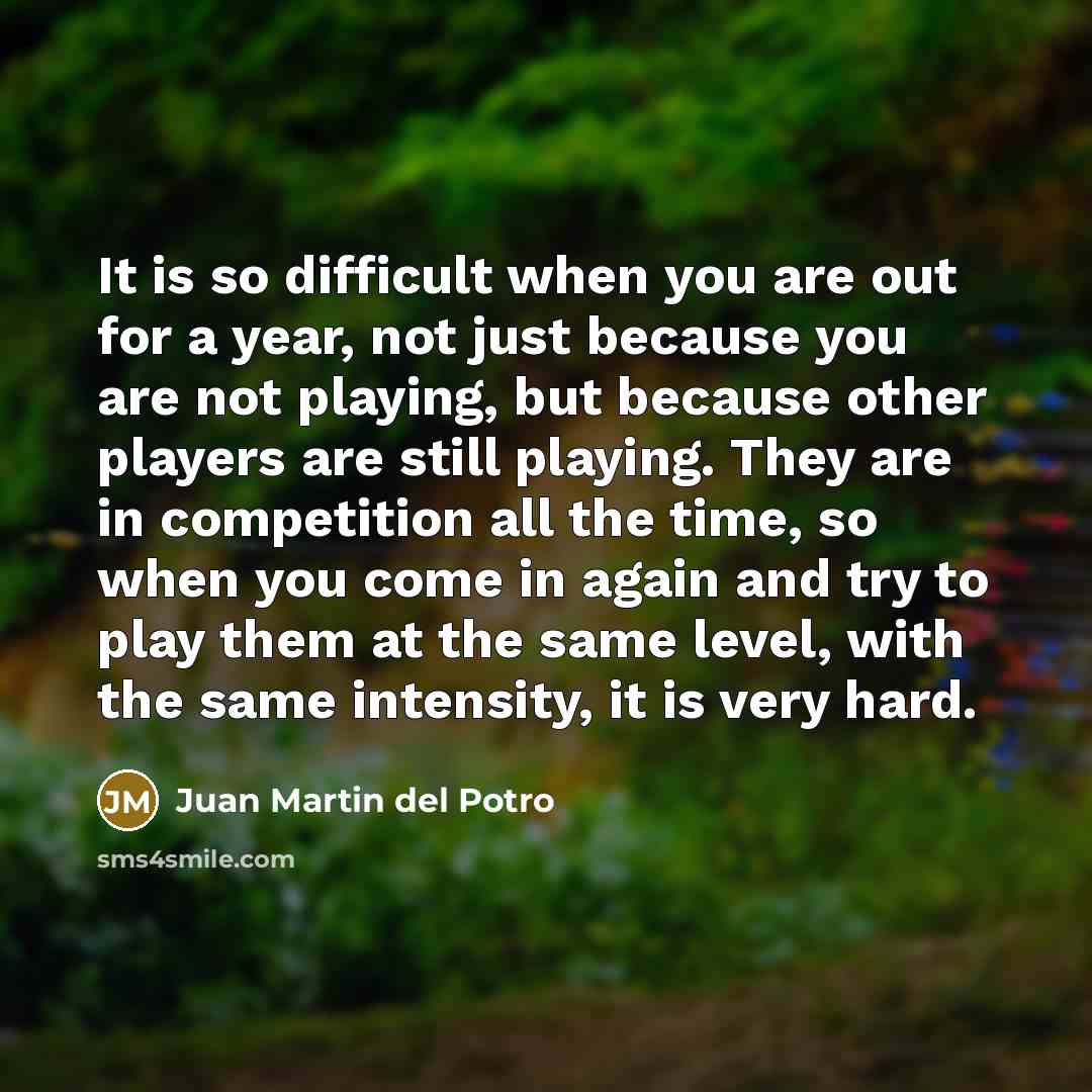 “It is so difficult when you are out for a year, not just because you are not playing, but because other players are still playing. They are in competition all the time, so when you come in again and try to play them at the same level, with the same intensity, it is very hard.” quote by Juan Martin del Potro