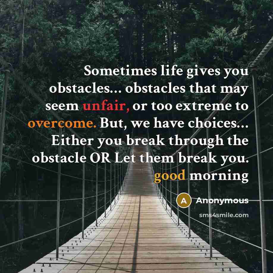“Sometimes life gives you obstacles… obstacles that may seem unfair, or too extreme to overcome. But, we have choices… Either you break through the obstacle OR Let them break you. good morning” quote by Anonymous