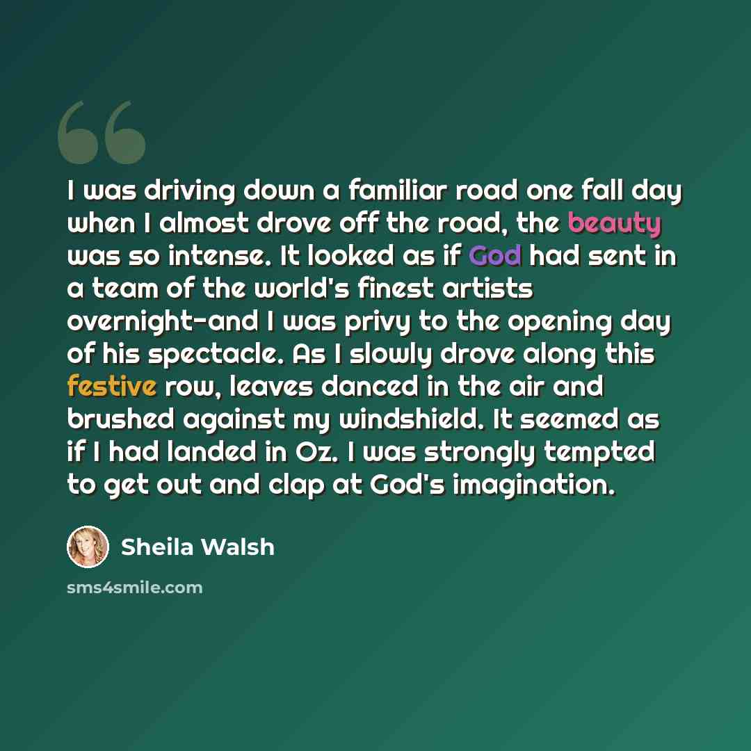“I was driving down a familiar road one fall day when I almost drove off the road, the beauty was so intense. It looked as if God had sent in a team of the world's finest artists overnight-and I was privy to the opening day of his spectacle. As I slowly drove along this festive row, leaves danced…” quote by Sheila Walsh