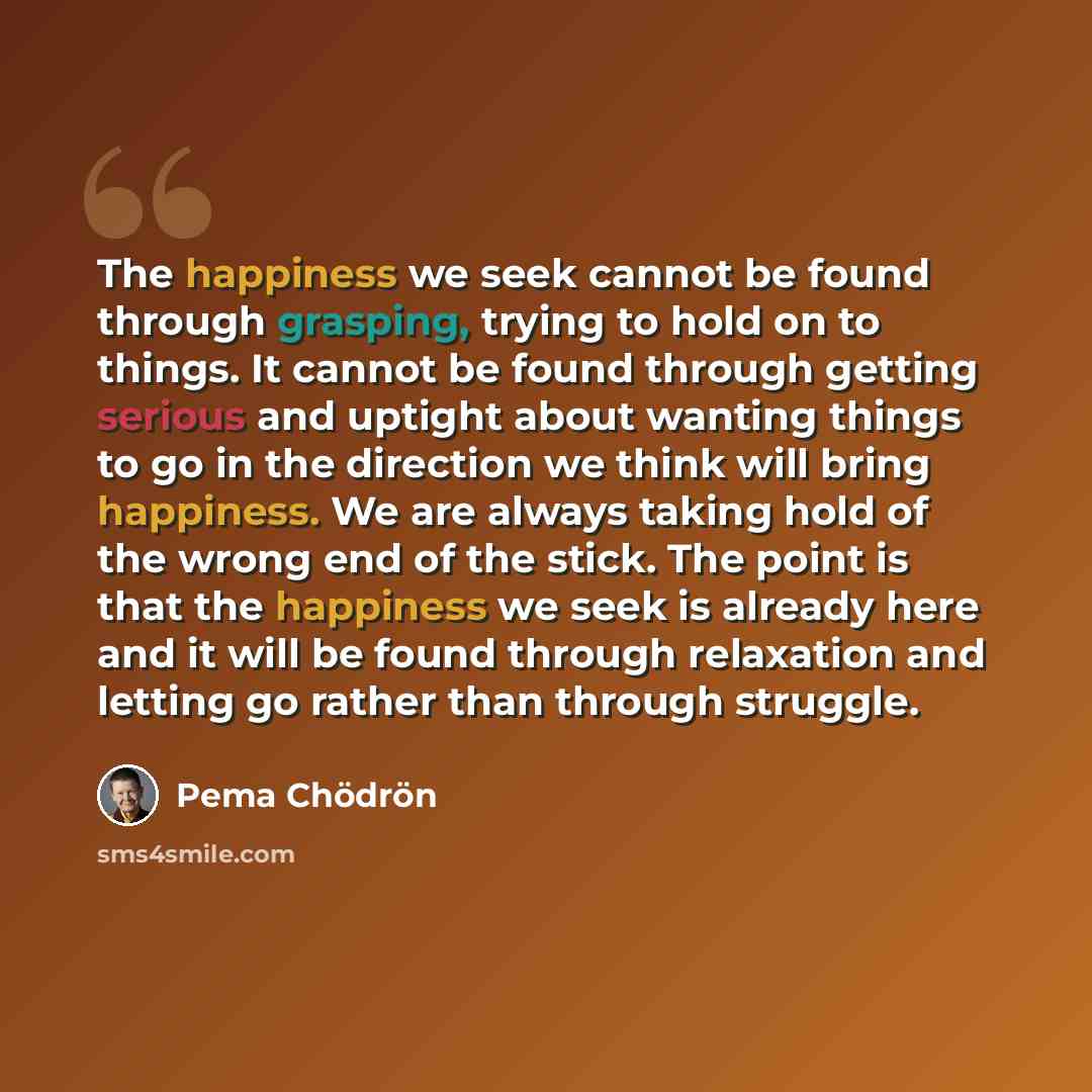 “The happiness we seek cannot be found through grasping, trying to hold on to things. It cannot be found through getting serious and uptight about wanting things to go in the direction we think will bring happiness. We are always taking hold of the wrong end of the stick. The point is that the…” quote by Pema Chodron
